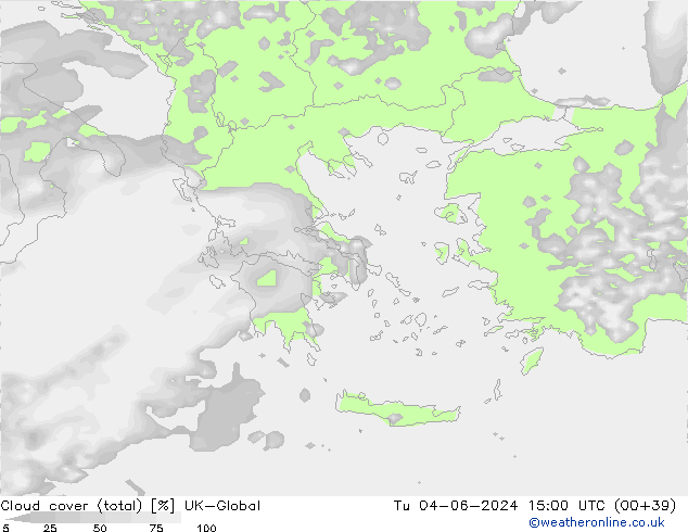 Cloud cover (total) UK-Global Út 04.06.2024 15 UTC