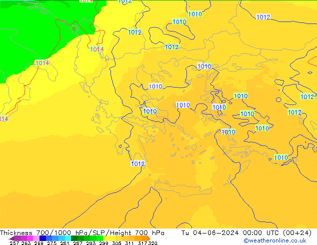 Thck 700-1000 hPa UK-Global  04.06.2024 00 UTC