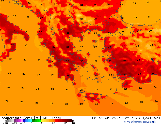Temperature (2m) UK-Global Fr 07.06.2024 12 UTC