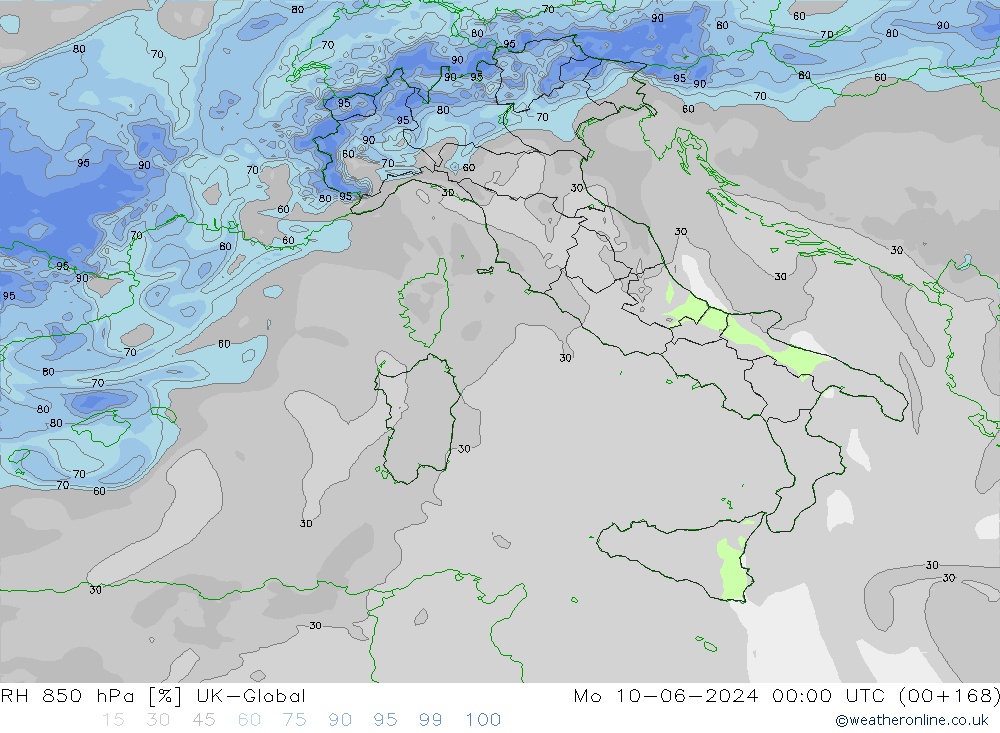 RH 850 гПа UK-Global пн 10.06.2024 00 UTC