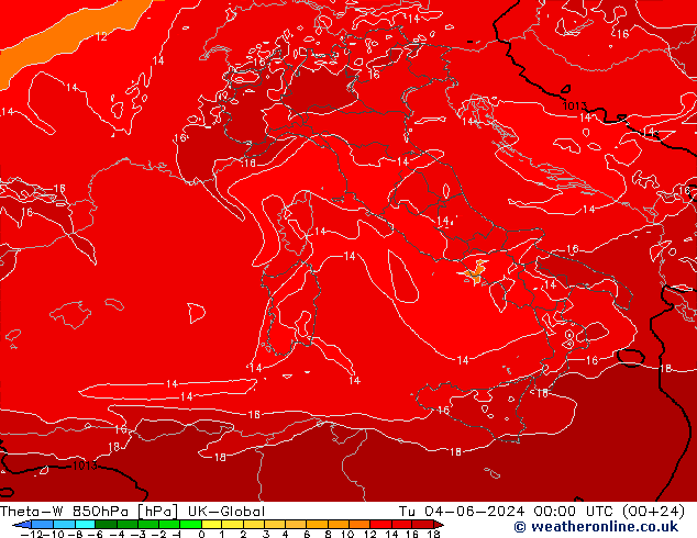 Theta-W 850hPa UK-Global di 04.06.2024 00 UTC