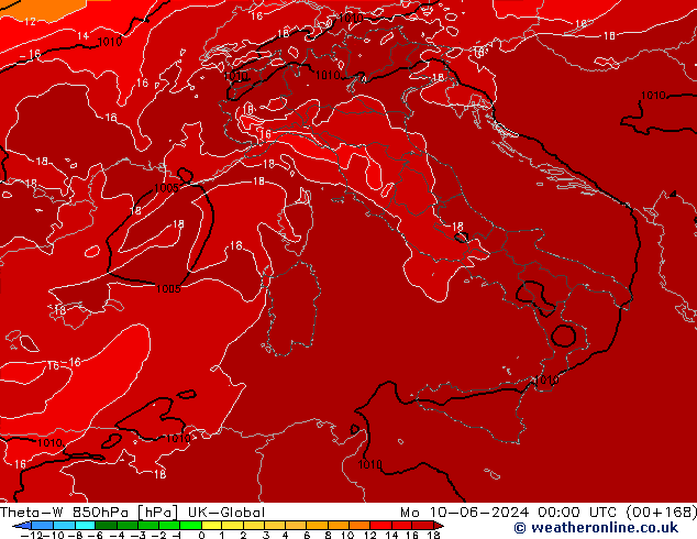 Theta-W 850hPa UK-Global Pzt 10.06.2024 00 UTC