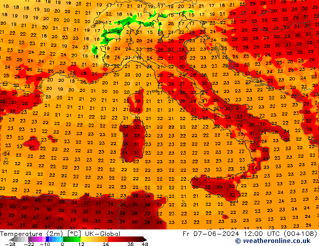Temperaturkarte (2m) UK-Global Fr 07.06.2024 12 UTC