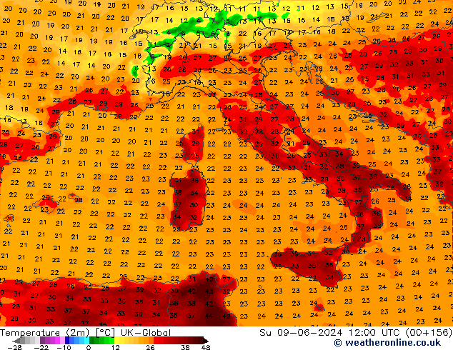 Temperatuurkaart (2m) UK-Global zo 09.06.2024 12 UTC