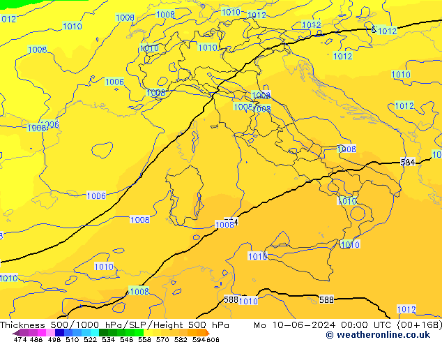 Espesor 500-1000 hPa UK-Global lun 10.06.2024 00 UTC