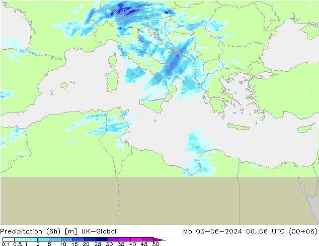 Precipitazione (6h) UK-Global lun 03.06.2024 06 UTC