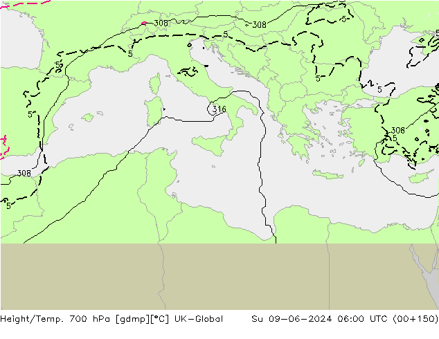 Height/Temp. 700 hPa UK-Global Su 09.06.2024 06 UTC