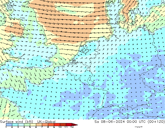 Surface wind (bft) UK-Global Sa 08.06.2024 00 UTC