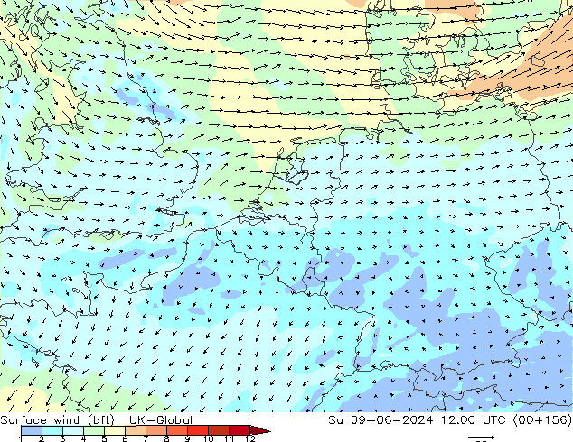 Wind 10 m (bft) UK-Global zo 09.06.2024 12 UTC