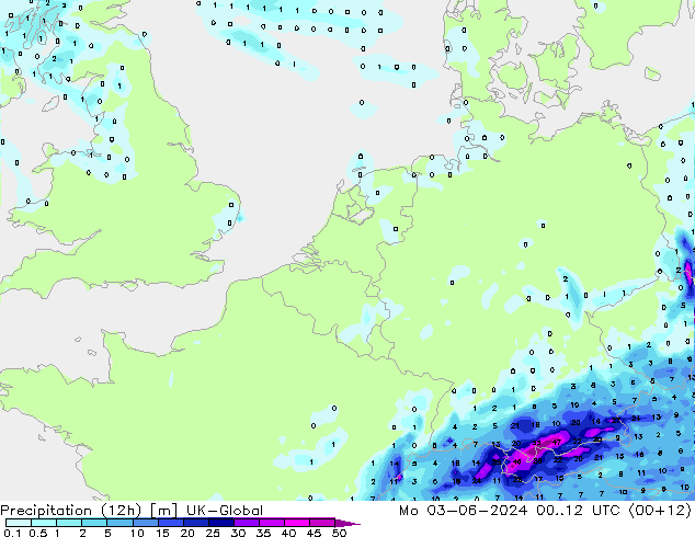Precipitation (12h) UK-Global Mo 03.06.2024 12 UTC