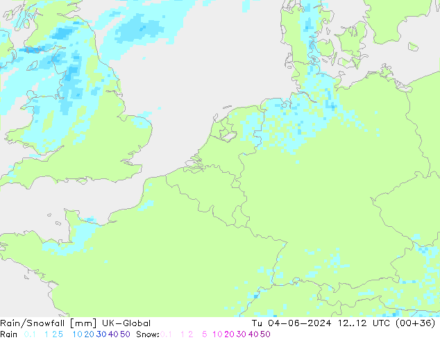 Rain/Snowfall UK-Global Út 04.06.2024 12 UTC