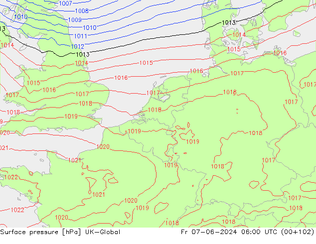 Presión superficial UK-Global vie 07.06.2024 06 UTC