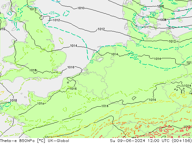 Theta-e 850hPa UK-Global zo 09.06.2024 12 UTC