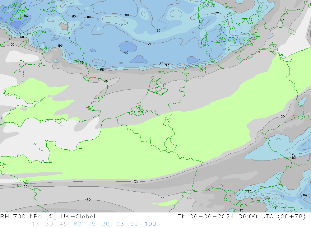 Humedad rel. 700hPa UK-Global jue 06.06.2024 06 UTC