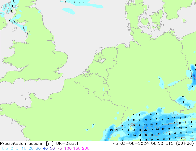 Precipitation accum. UK-Global 星期一 03.06.2024 06 UTC