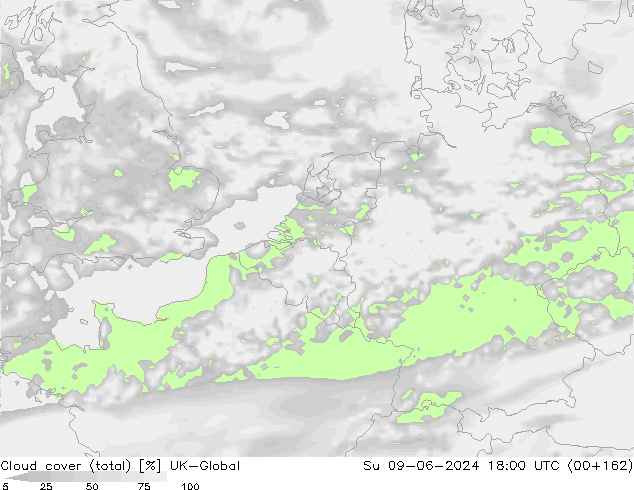 Cloud cover (total) UK-Global Su 09.06.2024 18 UTC