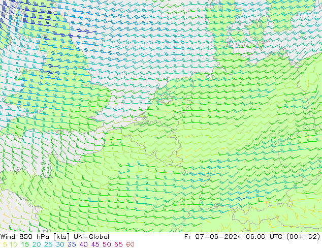 Wind 850 hPa UK-Global Fr 07.06.2024 06 UTC