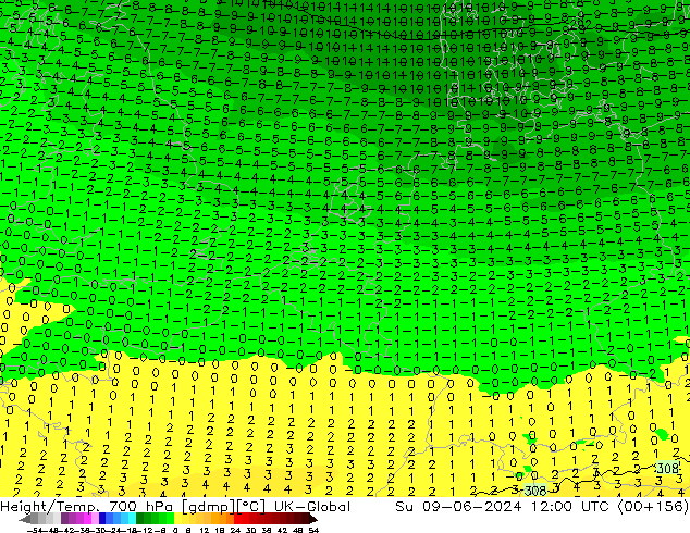 Géop./Temp. 700 hPa UK-Global dim 09.06.2024 12 UTC
