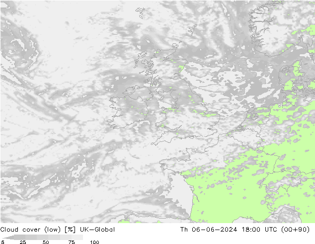 Cloud cover (low) UK-Global Th 06.06.2024 18 UTC