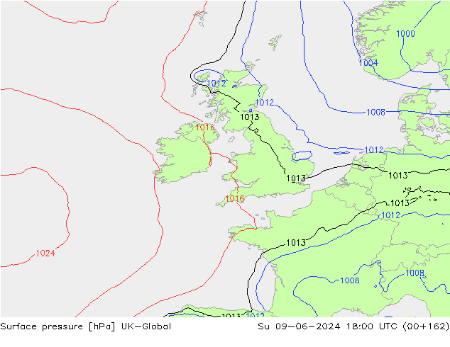 Pressione al suolo UK-Global dom 09.06.2024 18 UTC