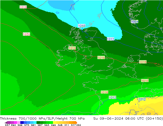 Thck 700-1000 hPa UK-Global Su 09.06.2024 06 UTC