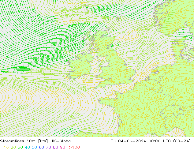 Streamlines 10m UK-Global Út 04.06.2024 00 UTC