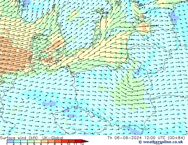 Surface wind (bft) UK-Global Čt 06.06.2024 12 UTC