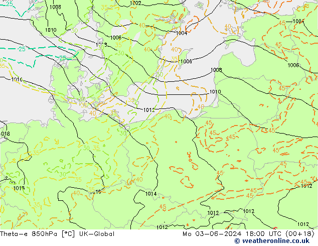 Theta-e 850hPa UK-Global Pzt 03.06.2024 18 UTC