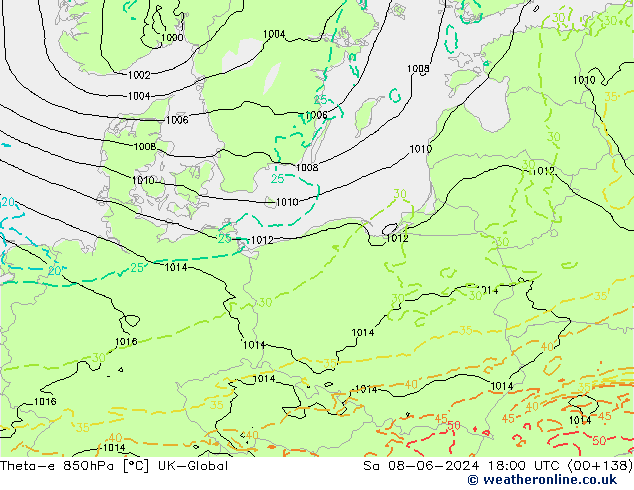 Theta-e 850hPa UK-Global Sa 08.06.2024 18 UTC