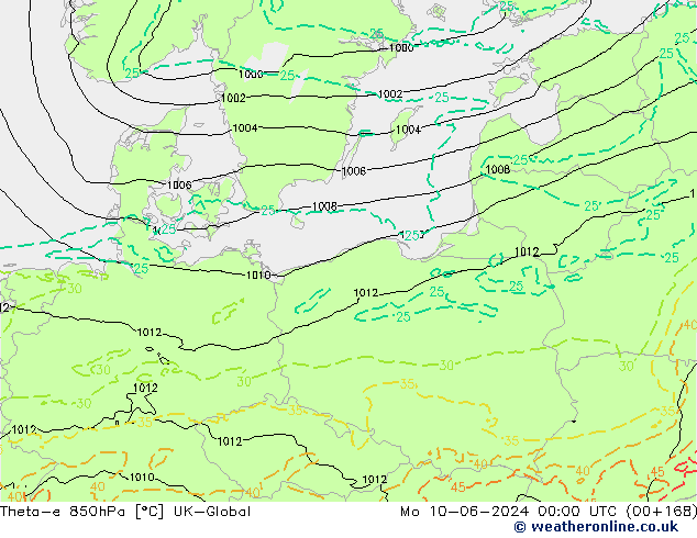 Theta-e 850hPa UK-Global Mo 10.06.2024 00 UTC