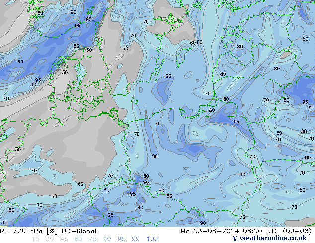 Humidité rel. 700 hPa UK-Global lun 03.06.2024 06 UTC