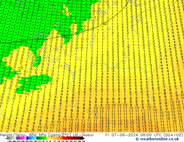 Height/Temp. 850 hPa UK-Global Fr 07.06.2024 06 UTC