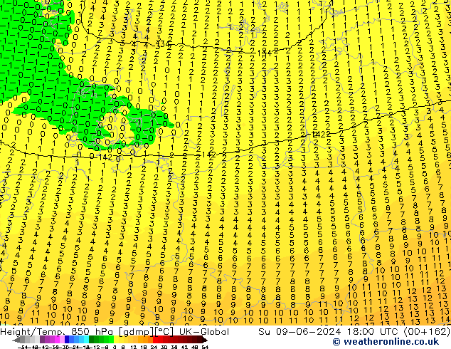 Height/Temp. 850 hPa UK-Global dom 09.06.2024 18 UTC