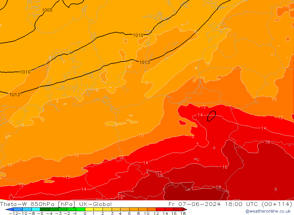 Theta-W 850hPa UK-Global Cu 07.06.2024 18 UTC