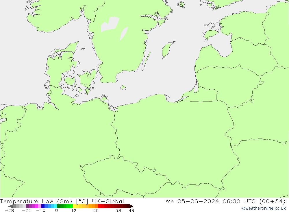 Temp. minima (2m) UK-Global mer 05.06.2024 06 UTC