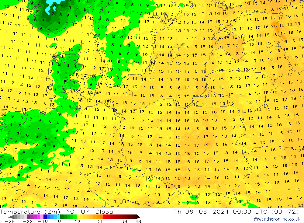 Temperature (2m) UK-Global Th 06.06.2024 00 UTC