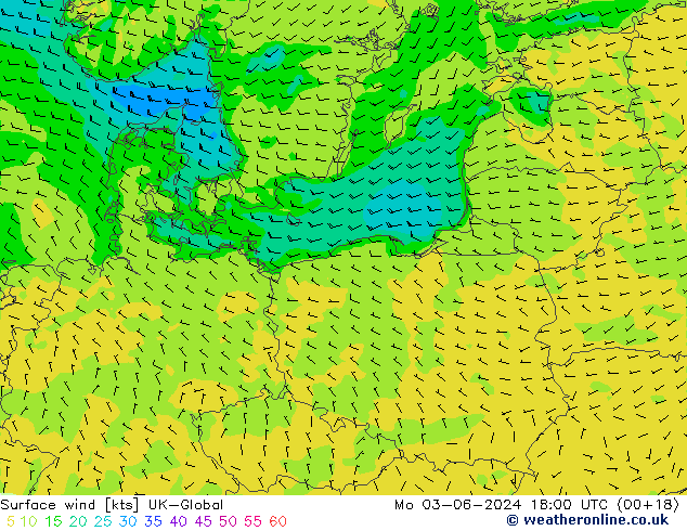 Rüzgar 10 m UK-Global Pzt 03.06.2024 18 UTC