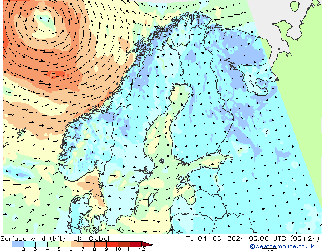 Surface wind (bft) UK-Global Tu 04.06.2024 00 UTC
