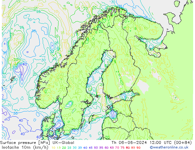 Isotachs (kph) UK-Global чт 06.06.2024 12 UTC