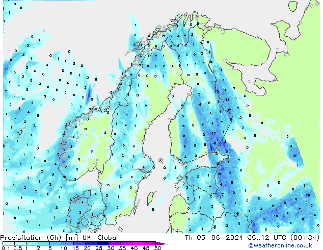 Precipitation (6h) UK-Global Th 06.06.2024 12 UTC