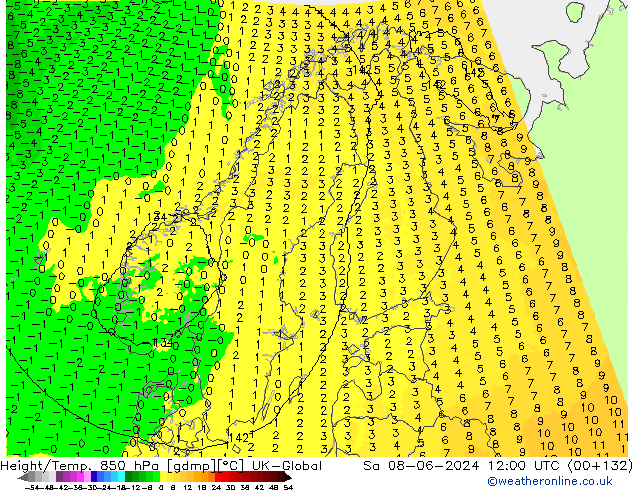 Height/Temp. 850 hPa UK-Global Sa 08.06.2024 12 UTC