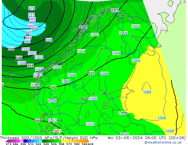 Espesor 500-1000 hPa UK-Global lun 03.06.2024 06 UTC