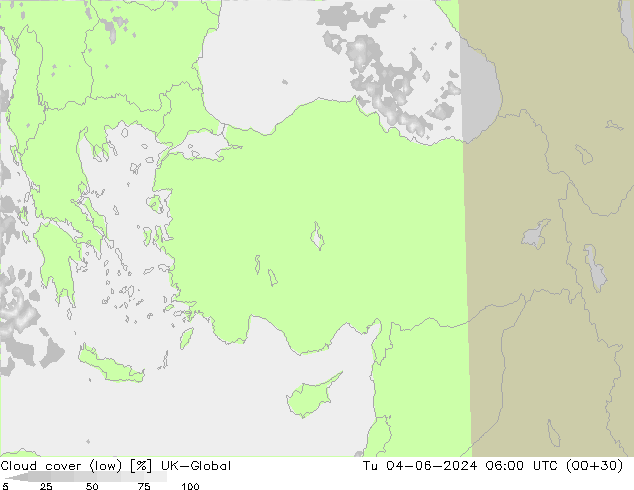 Cloud cover (low) UK-Global Tu 04.06.2024 06 UTC