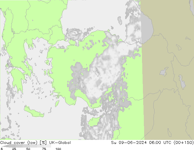 Cloud cover (low) UK-Global Su 09.06.2024 06 UTC