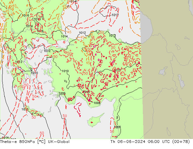 Theta-e 850hPa UK-Global do 06.06.2024 06 UTC