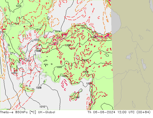 Theta-e 850hPa UK-Global Čt 06.06.2024 12 UTC