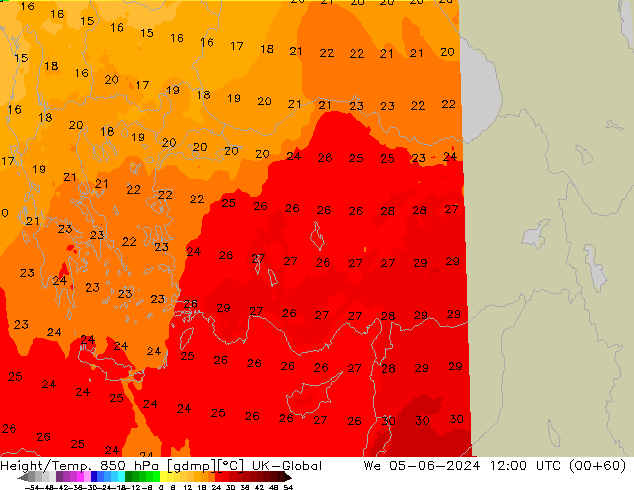 Height/Temp. 850 hPa UK-Global We 05.06.2024 12 UTC