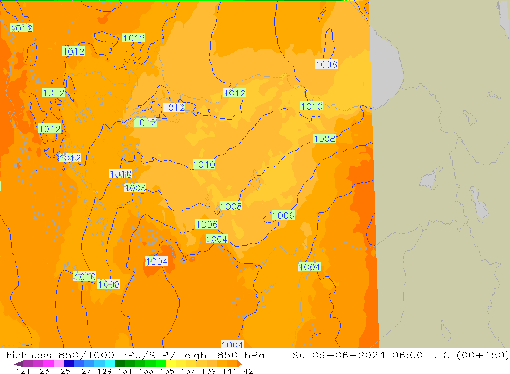 Thck 850-1000 hPa UK-Global Su 09.06.2024 06 UTC