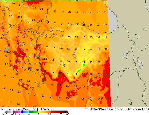 Temperatura (2m) UK-Global dom 09.06.2024 06 UTC