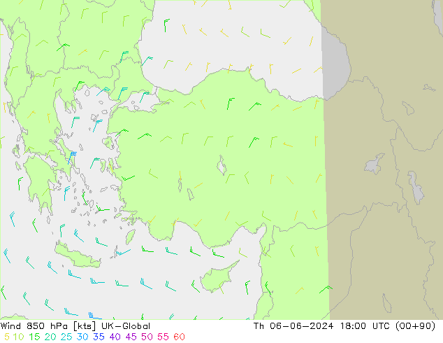 Wind 850 hPa UK-Global Th 06.06.2024 18 UTC